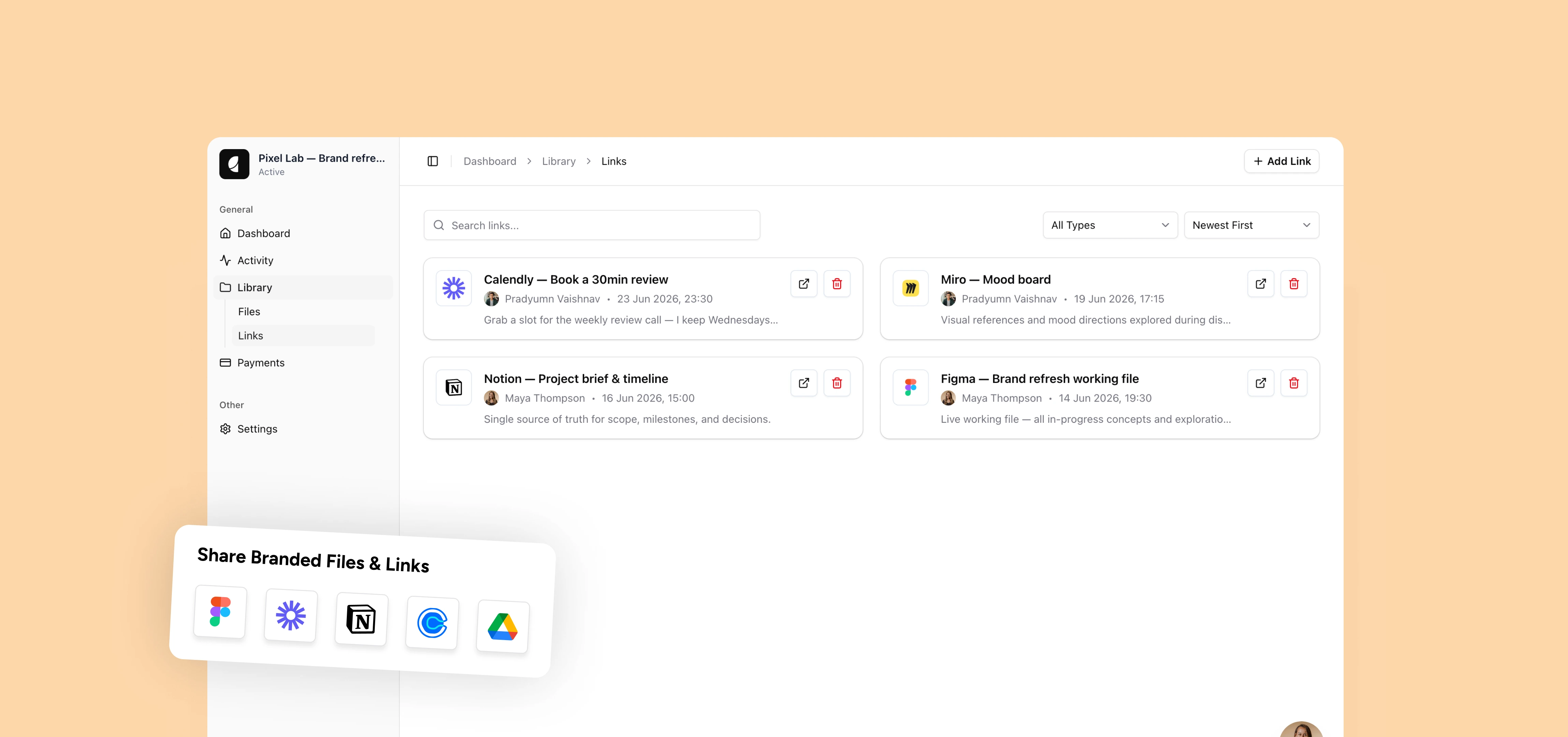 Shared project links hub